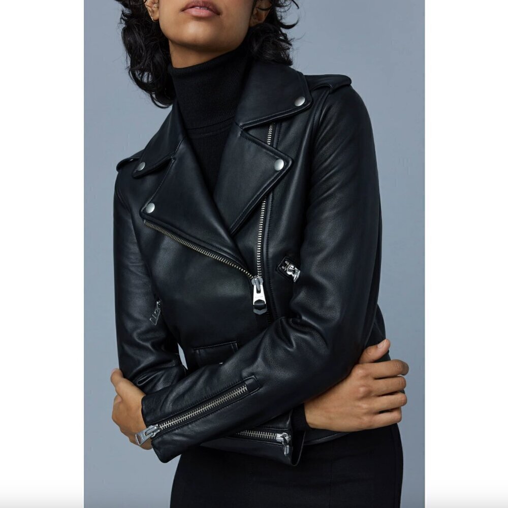 Mackage Genuine Lamb Leather Cropped Moto Biker Jacket Black Women's XXS